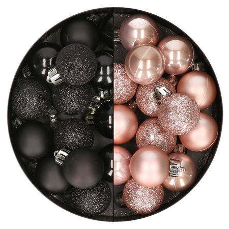 28x stuks kleine kunststof kerstballen zwart en zachtroze 3 cm