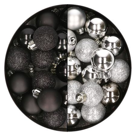 28x stuks kleine kunststof kerstballen zwart en zilver 3 cm