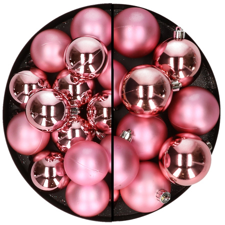 28x stuks kunststof kerstballen bubblegum roze 4 en 6 cm