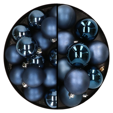 28x Christmas baubles dark blue 4 and 6 cm plastic matte/shiny