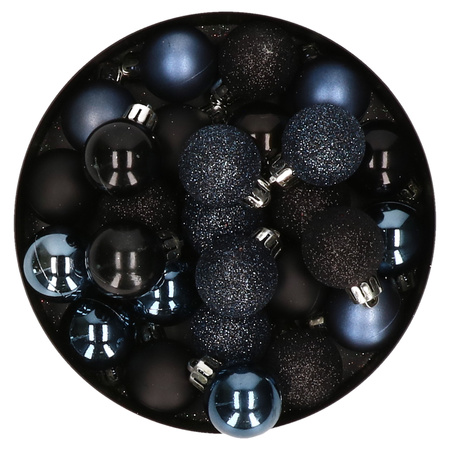 28x stuks kunststof kerstballen donkerblauw en zwart mix 3 cm
