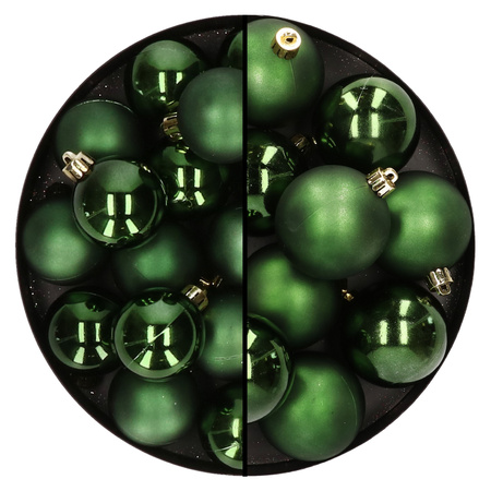 28x Christmas baubles dark green 4 and 6 cm plastic matte/shiny