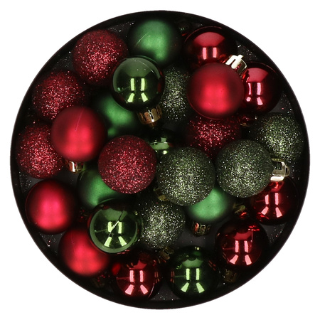 28x pcs plastic christmas baubles dark green and dark red mix 3 cm