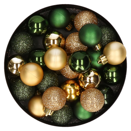 28x stuks kunststof kerstballen donkergroen en goud mix 3 cm