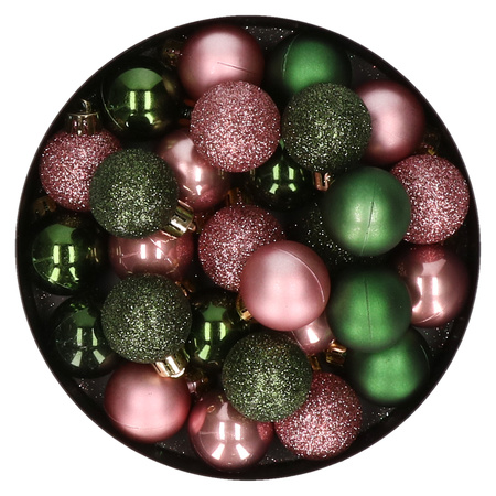 28x pcs plastic christmas baubles dark green and old pink mix 3 cm