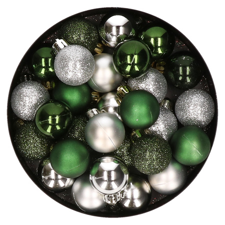 28x pcs plastic christmas baubles dark green and silver mix 3 cm