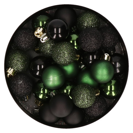 28x stuks kunststof kerstballen donkergroen en zwart mix 3 cm