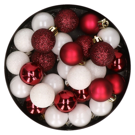 28x pcs plastic christmas baubles dark red and white mix 3 cm