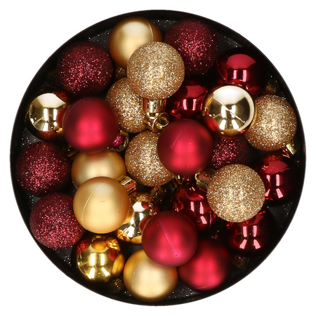28x stuks kunststof kerstballen goud en donkerrood mix 3 cm