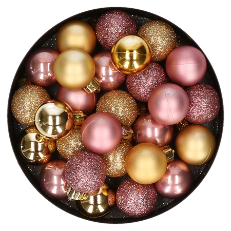 28x pcs plastic christmas baubles gold and old pink mix 3 cm