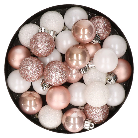 28x pcs plastic christmas baubles light pink and white mix 3 cm
