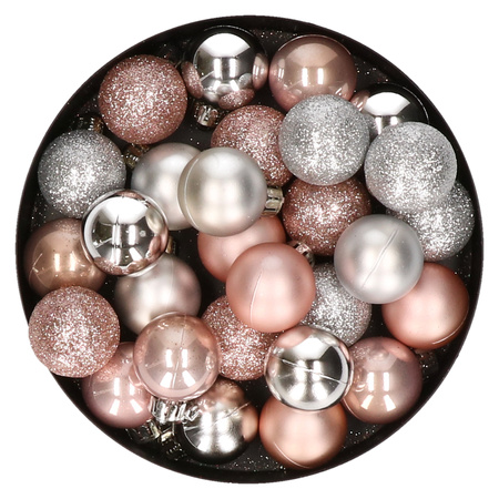 28x pcs plastic christmas baubles light pink and silver mix 3 cm