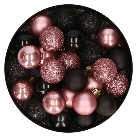 28x pcs plastic christmas baubles old pink and black mix 3 cm