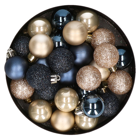 28x stuks kunststof kerstballen parel/champagne en donkerblauw mix 3 cm