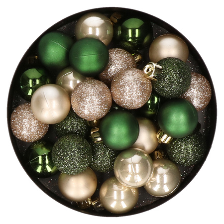 28x stuks kunststof kerstballen parel/champagne en donkergroen mix 3 cm