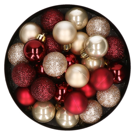 28x stuks kunststof kerstballen parel/champagne en donkerrood mix 3 cm