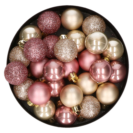 28x stuks kunststof kerstballen parel/champagne en oudroze mix 3 cm