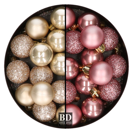 28x stuks kunststof kerstballen parel/champagne en oudroze mix 3 cm