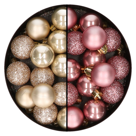 28x pcs plastic christmas baubles pearl champagne and old pink mix 3 cm