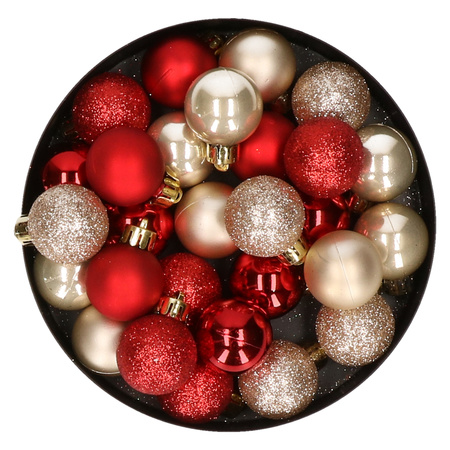 28x pcs plastic christmas baubles pearl champagne and red mix 3 cm