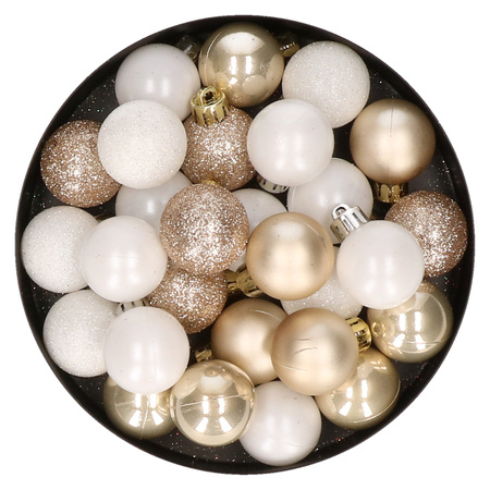 28x pcs plastic christmas baubles pearl champagne and white mix 3 cm