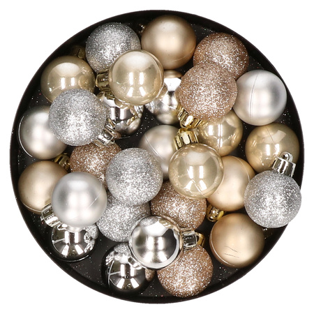 28x stuks kunststof kerstballen parel/champagne en zilver mix 3 cm