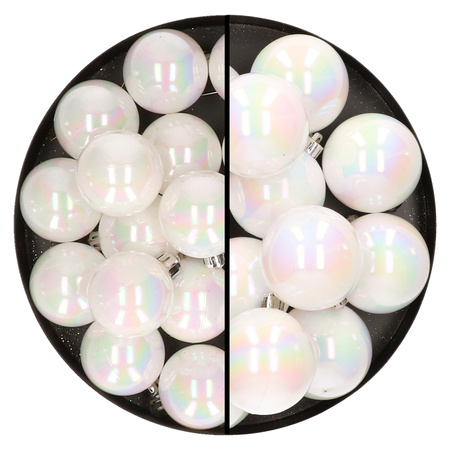 28x Christmas baubles pearlescent white 4 and 6 cm plastic matte/shiny