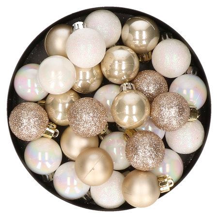 28x pcs plastic christmas baubles pearl white and pearl champagne mix 3 cm