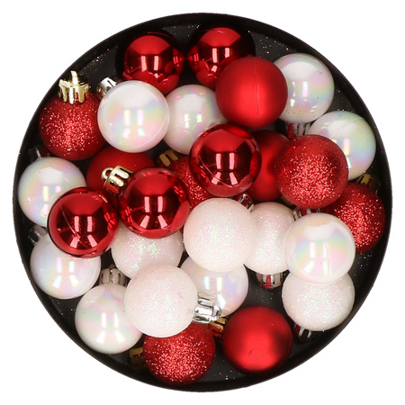 28x pcs plastic christmas baubles pearl white and red mix 3 cm