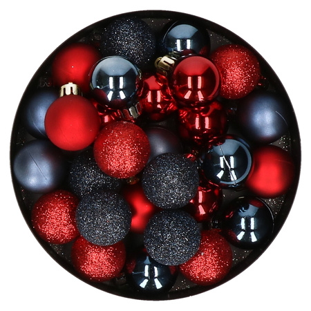 28x pcs plastic christmas baubles red and dark blue mix 3 cm