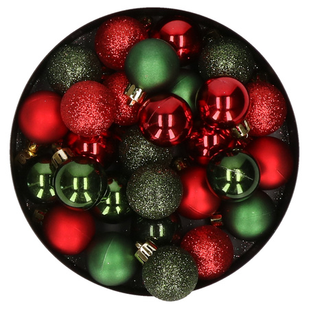 28x pcs plastic christmas baubles red and dark green mix 3 cm