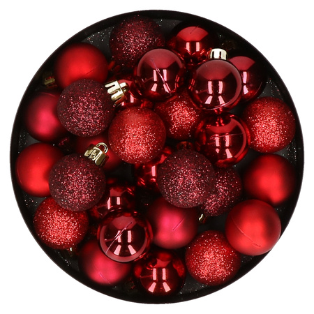 28x pcs plastic christmas baubles red and dark red mix 3 cm