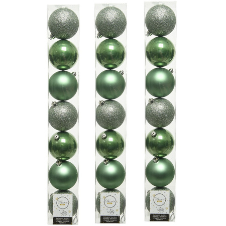 28x stuks kunststof kerstballen salie groen(sage) 8 cm glans/mat/glitter