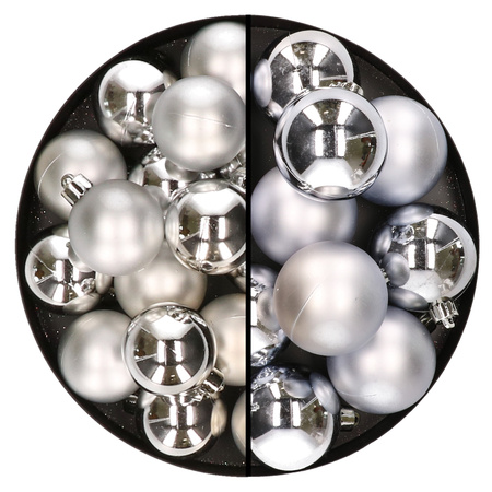 28x Christmas baubles silver 4 and 6 cm plastic matte/shiny