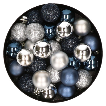 28x pcs plastic christmas baubles silver and dark blue mix 3 cm