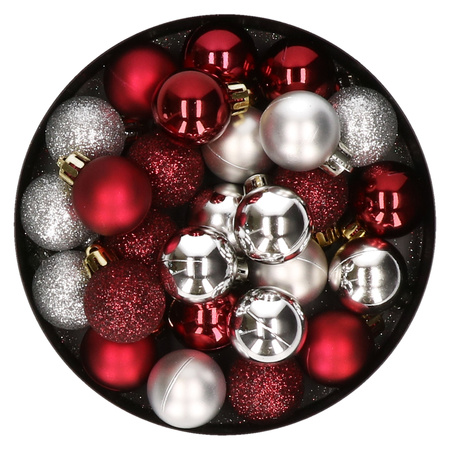28x pcs plastic christmas baubles silver and dark red mix 3 cm