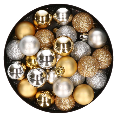 28x pcs plastic christmas baubles silver and gold mix 3 cm