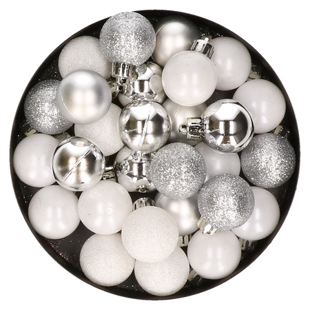 28x pcs plastic christmas baubles silver and white mix 3 cm