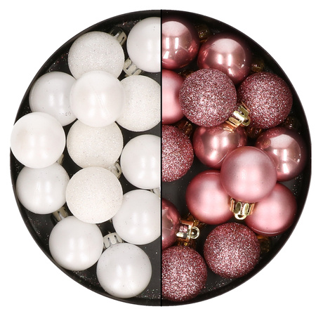 28x pcs plastic christmas baubles old pink and white mix 3 cm