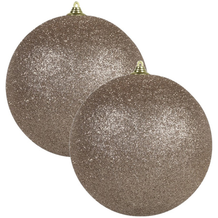 2x Champagne grote kerstballen met glitter kunststof 13,5 cm