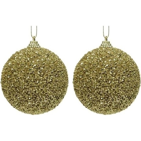 2x Kerstballen gouden glitters 8 cm met kralen kunststof kerstboom versiering/decoratie