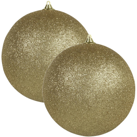 2x Gouden grote kerstballen met glitter kunststof 13,5 cm