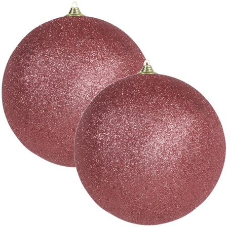 2x Large coral red glitter baubles 18 cm