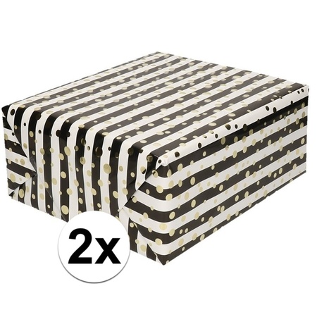 2x Cadeaupapier gemetaliseerd wit en zwart gestreept met gouden stippen, 150 cm per rol