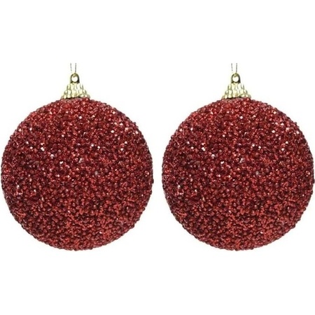 2x Kerstballen kerst rode glitters 8 cm met kralen kunststof kerstboom versiering/decoratie