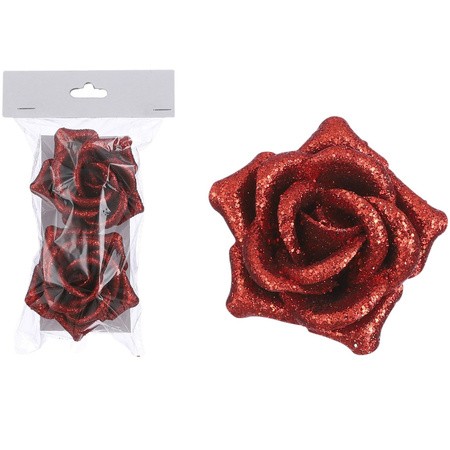 2x pcs christmas red decoration roses on clips 8 cm