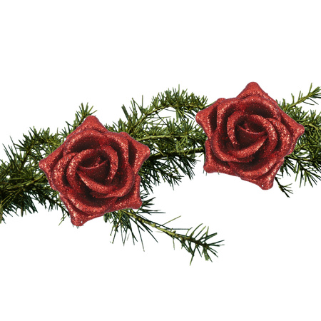 2x pcs christmas red decoration roses on clips 8 cm