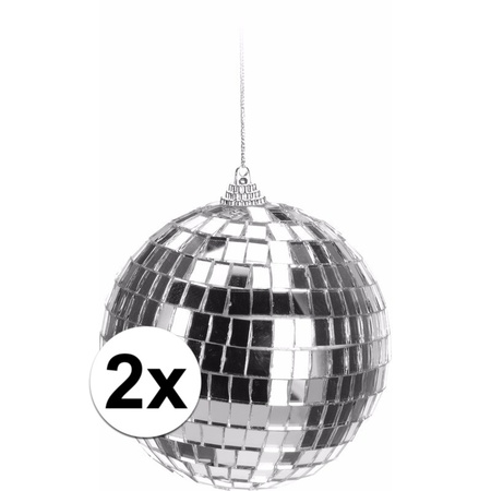 2x Zilveren disco kerstballen 10 cm