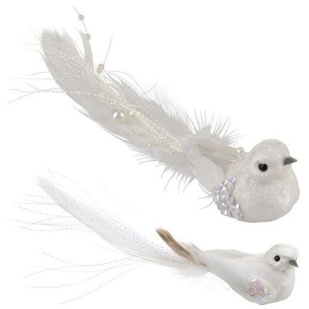 Witte vogeltjes op clip decoratie 2 stuks