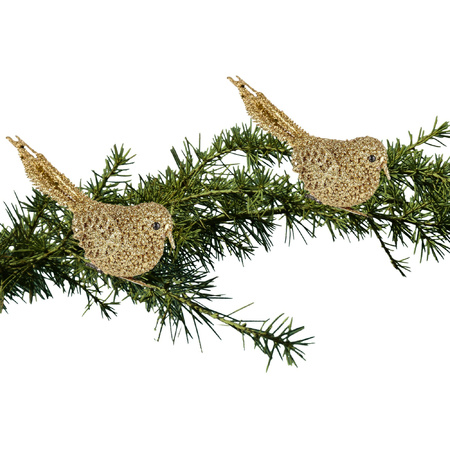2x Christmas tree glitter gold bird on clip 12 cm